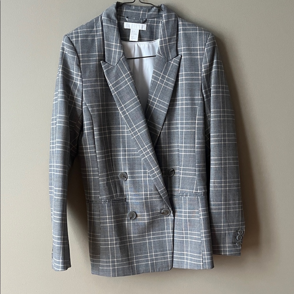 H&M Gray Plaid Double-Breasted Blazer